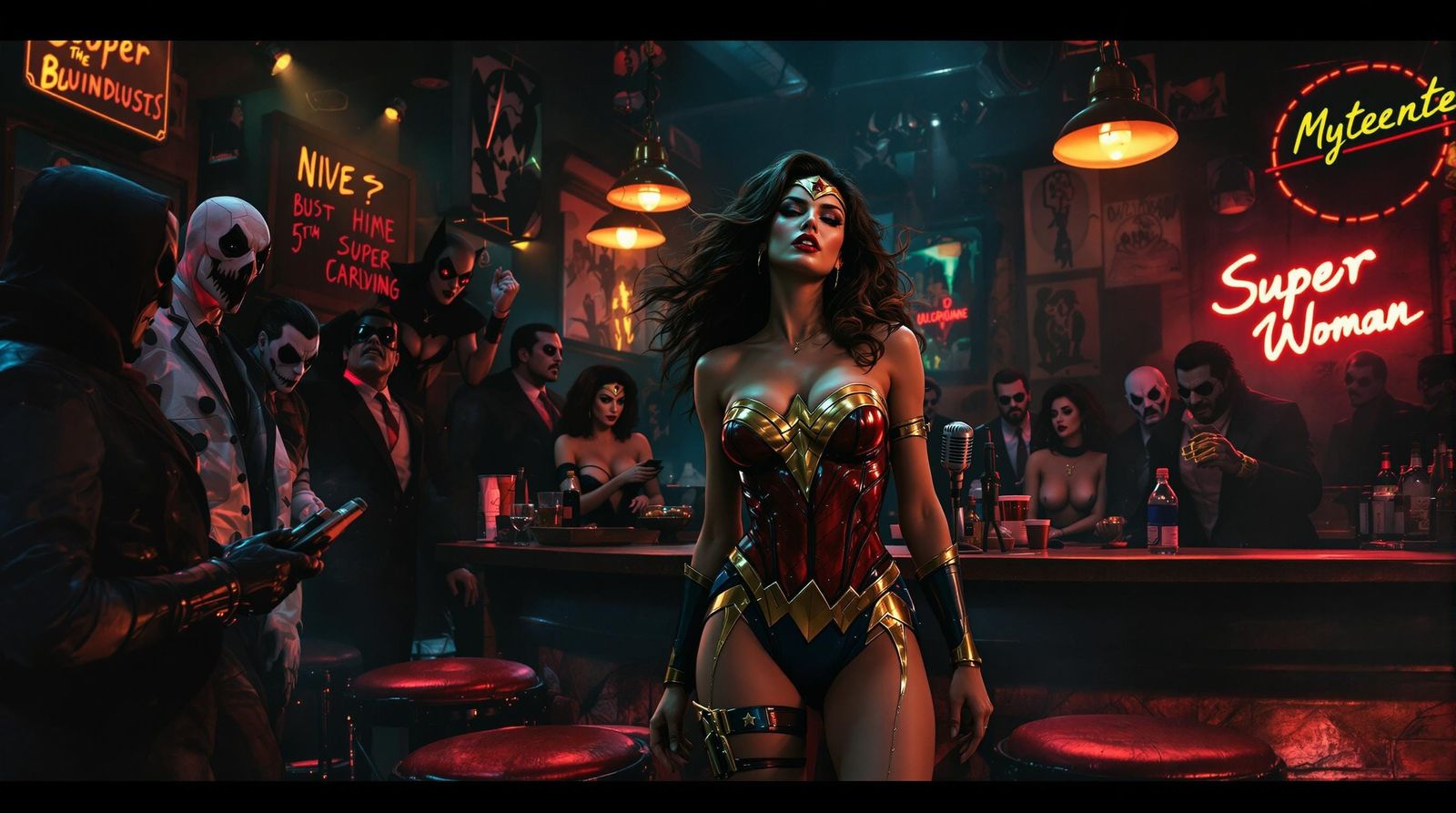 Noir Comic Villains at Dive Bar Karaoke