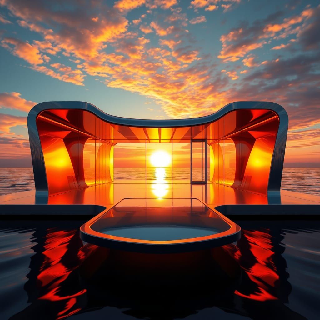 Stainless Steel Boathouse Glows at Sunset, Ocean Reflections...