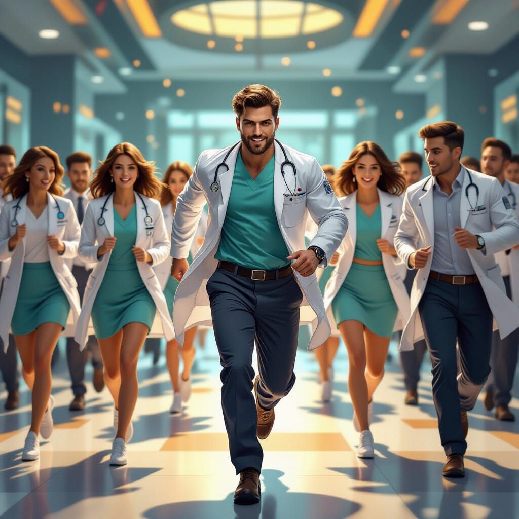 Emergency Room Scene: Handsome Doctor in Hyperdetailed Digit...