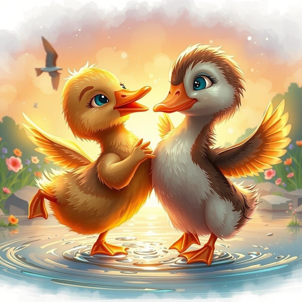 Dancing Ducklings in a Summer River Scene