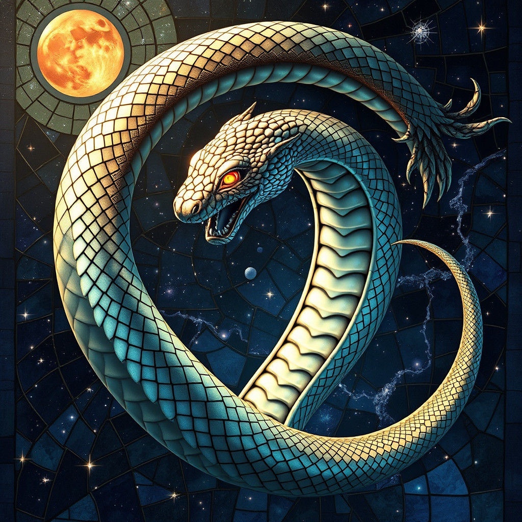 Ouroboros Coiled Serpent in Stained Glass Style