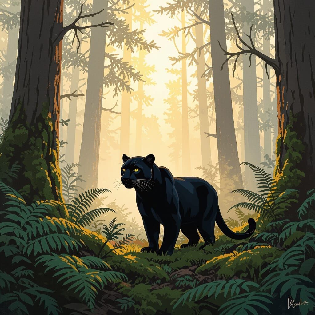 Panther in Misty Forest, Atmospheric Landscape