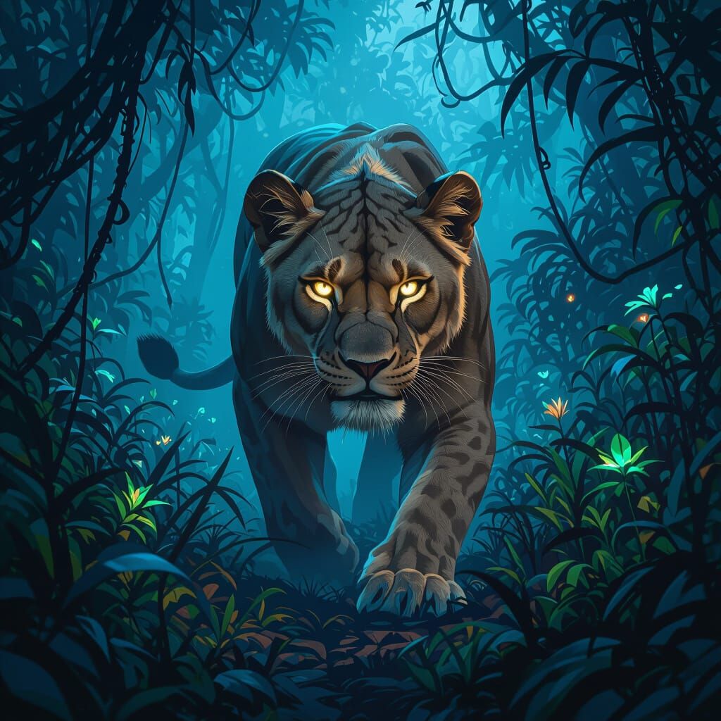 Bioluminescent Jungle Lioness with Glowing Eyes