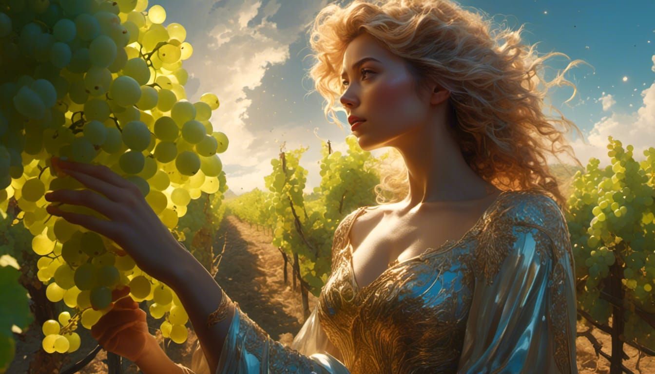 Ethereal Vineyard: Woman in Celestial Gown