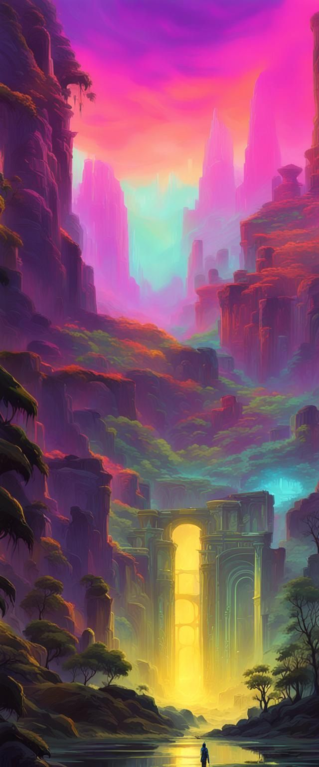 Magical Warrior in Neon-Infused Mystical Realm