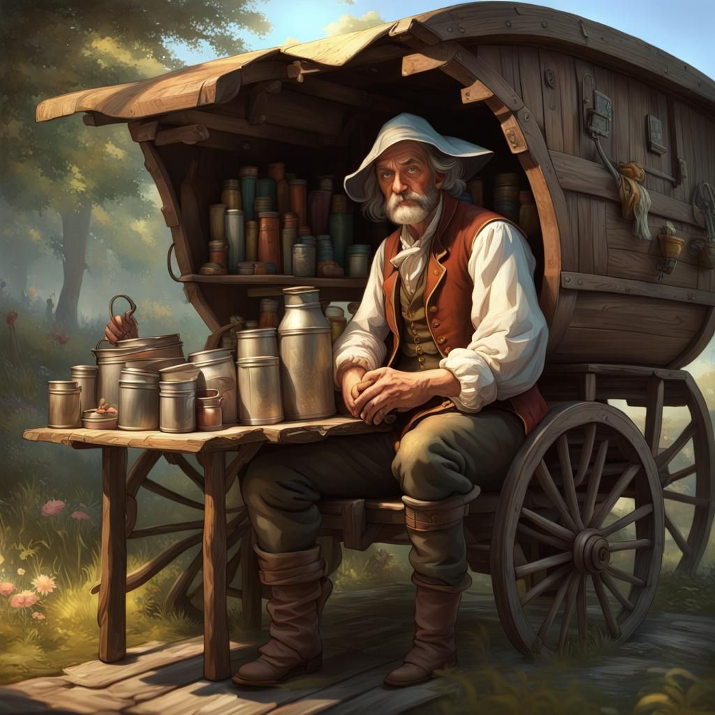 Traveling Tinker Selling Wares, Detailed Concept Art
