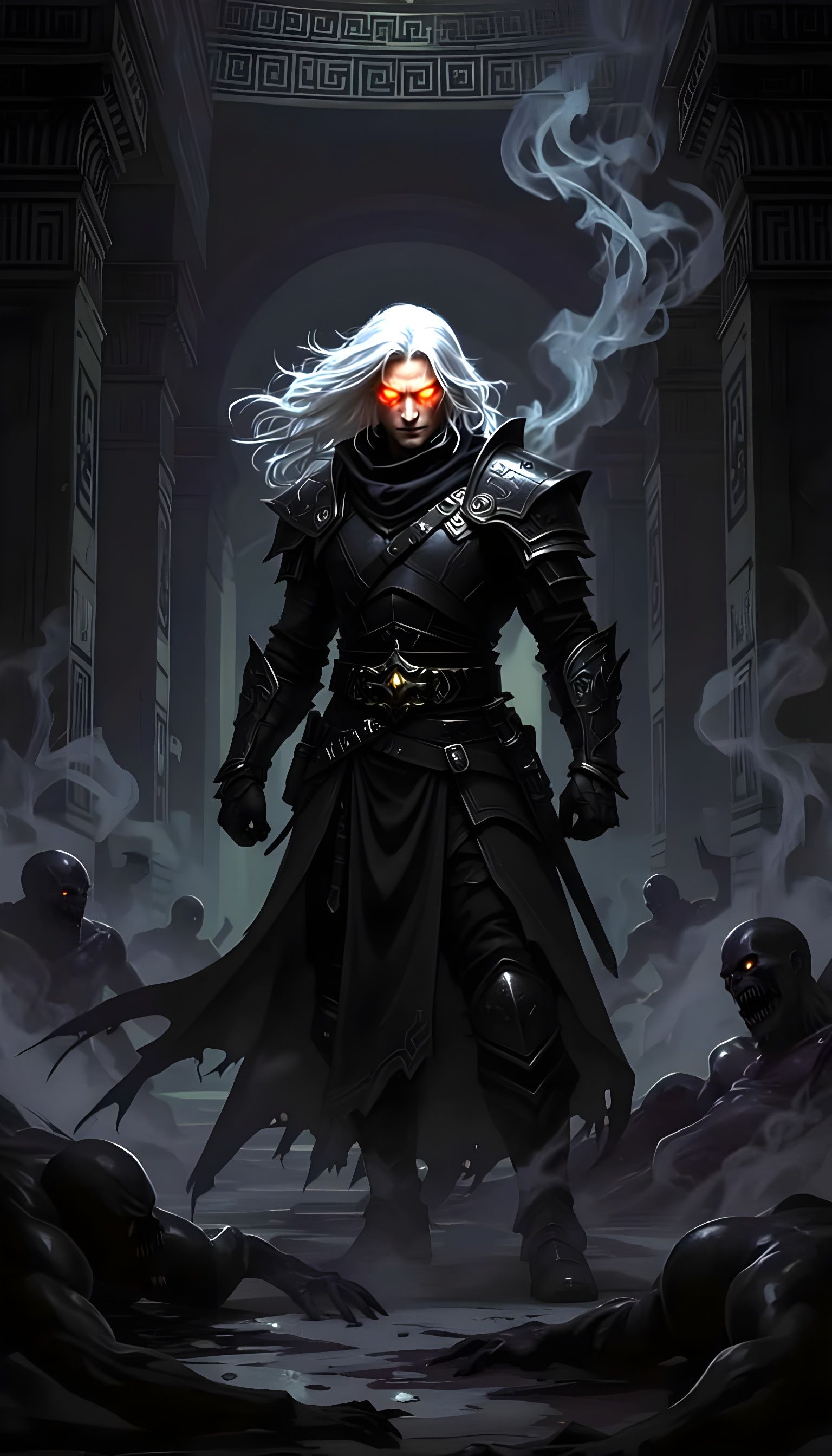 Dark Fantasy Warlock in Ancient Hallway