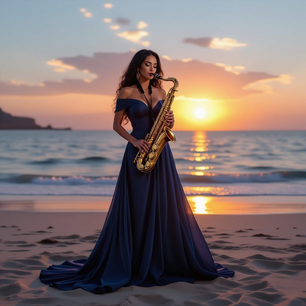 Bedouin Woman Plays Saxophone on Beach at Sunset