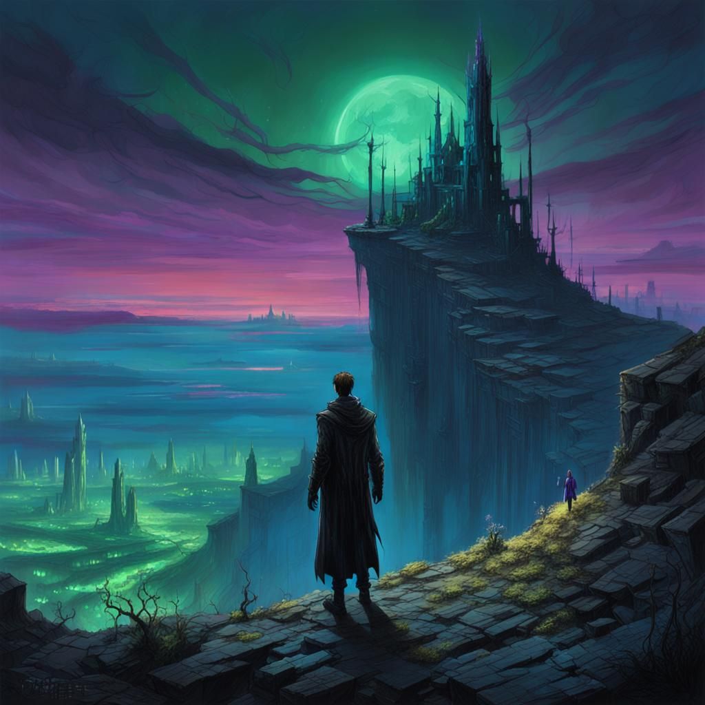 Dystopian Fantasy Cityscape with Bioluminescent Flora