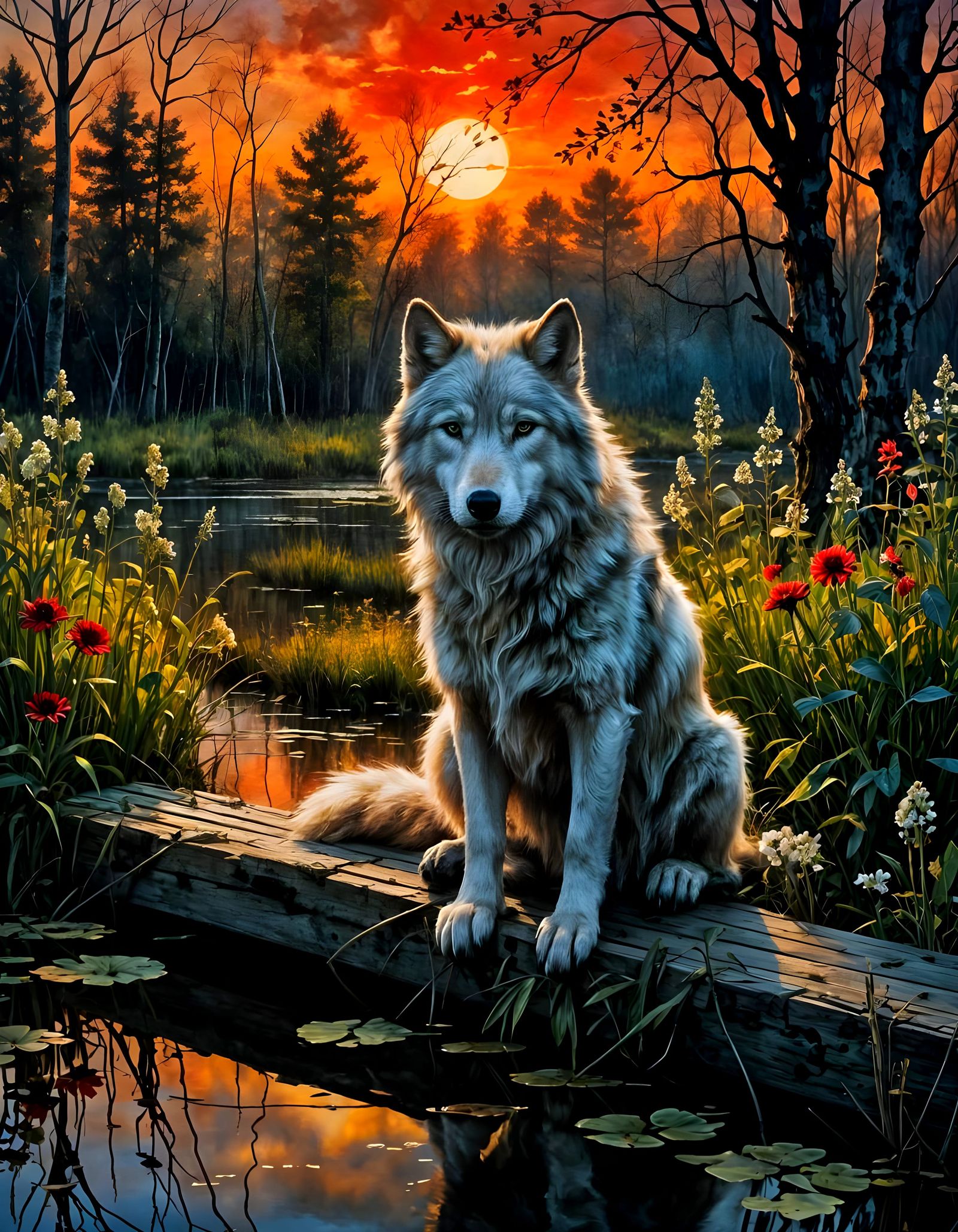 Dark Sunset with a Majestic White Wolf in a Cyberpunk Aesthe...