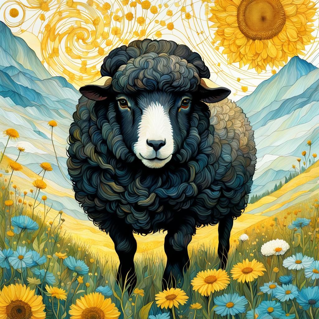 Fluffy Sheep in Meadow with Golden Outlines