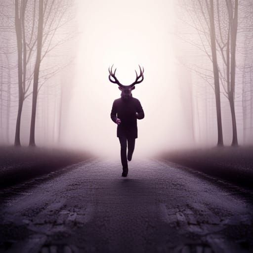 Terrified Antlered Man Runs Through Fog