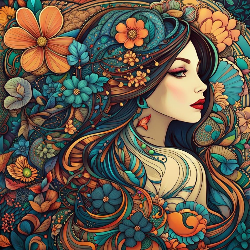 Pop Art Girl with Zentangle Flower Effects