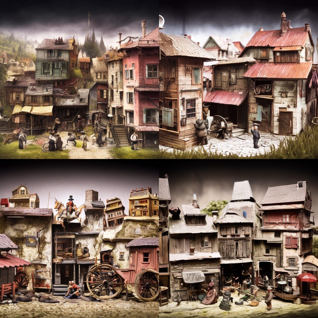 Diorama in a box of a 19*th century town, Sharp contrast, high black point, Deep depth of field, sharp focus, cinematogr...