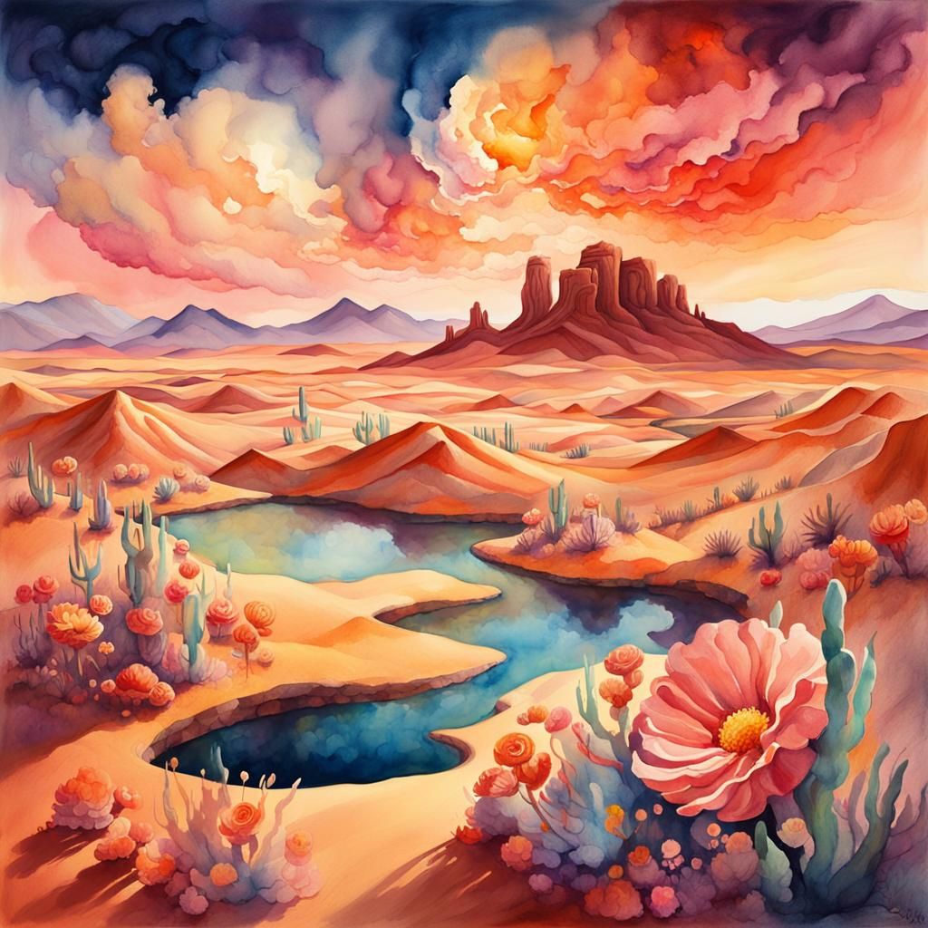 a watercolor painting of A surreal desert with floating islands, giant flowers, and a swirling, colorful sky.