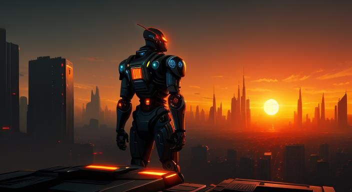 Futuristic Cyberpunk Robot at Sunset