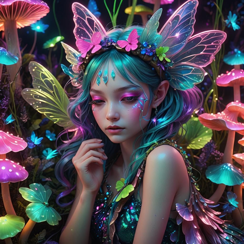 Sleeping Neon Fairy on Mushroom, 3D Render