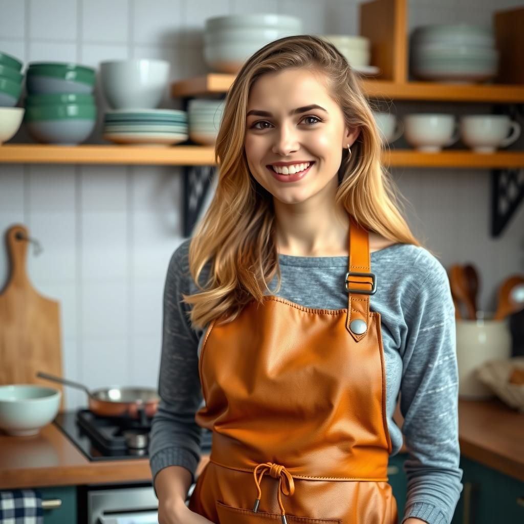 Smiling Woman in Kitchen with Apron, Stock Photo