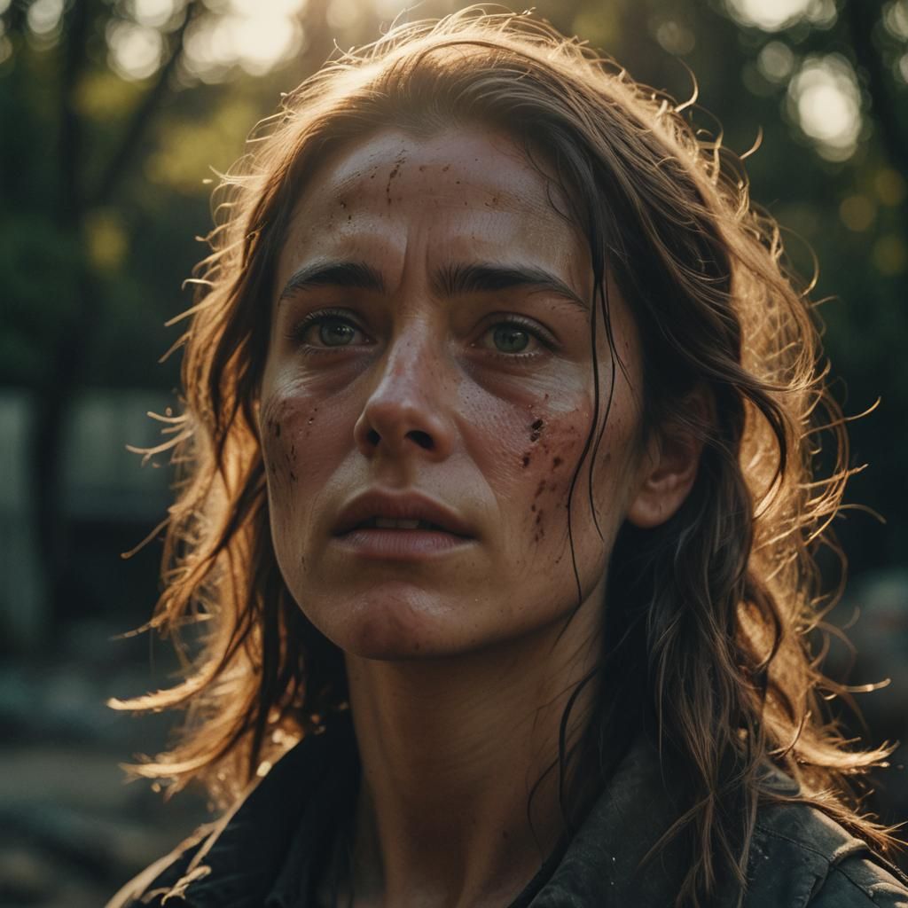 Scarred Person Gazing Upward in Cinematic Lighting