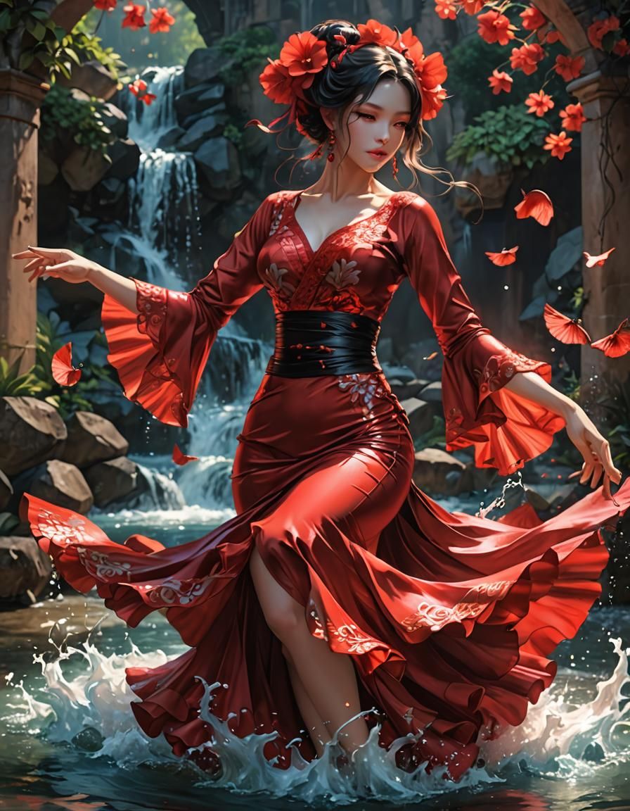 Demon Flamenco in Flowing Water: 3D Anime Art