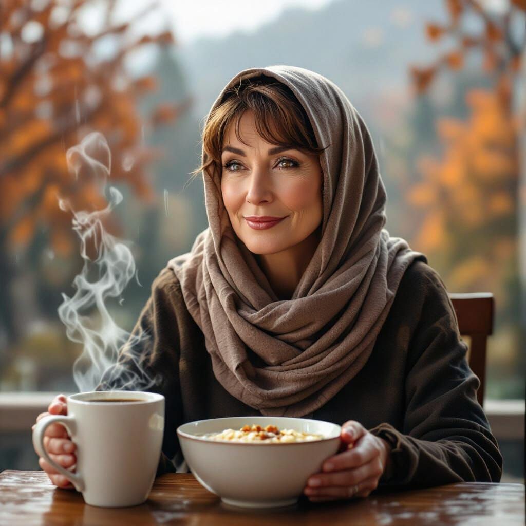 Woman Enjoys Autumn Breakfast Amidst Rainy Morning