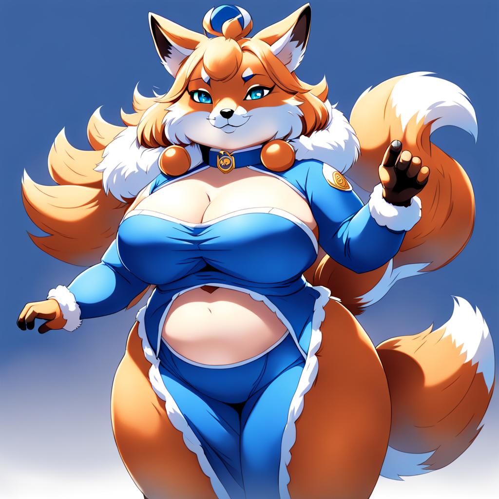 Blue Curvy Anthro Fox in Anime Style