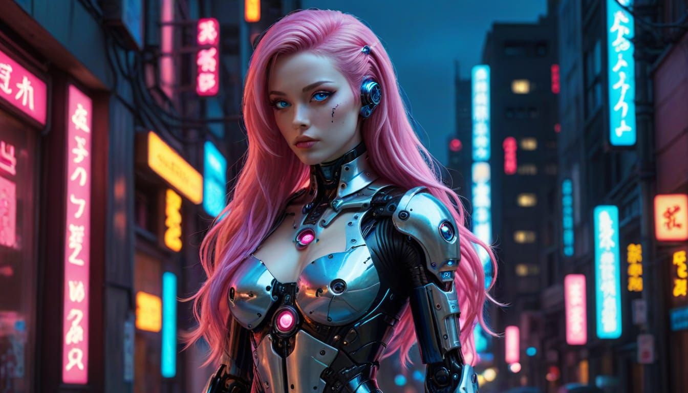 Cyberpunk Android Beauty in Neon Cityscape