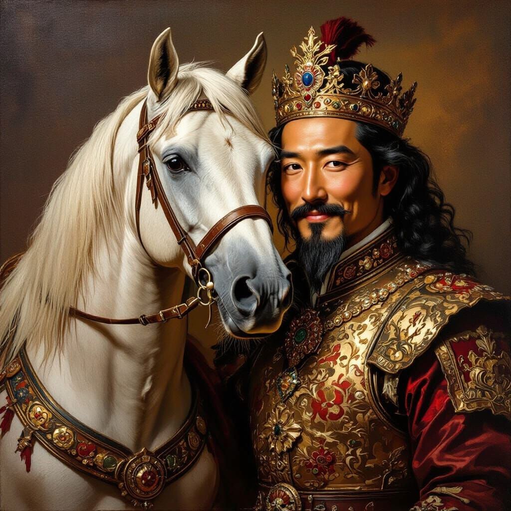 Renaissance King and Horse Embrace in Oil Portrait