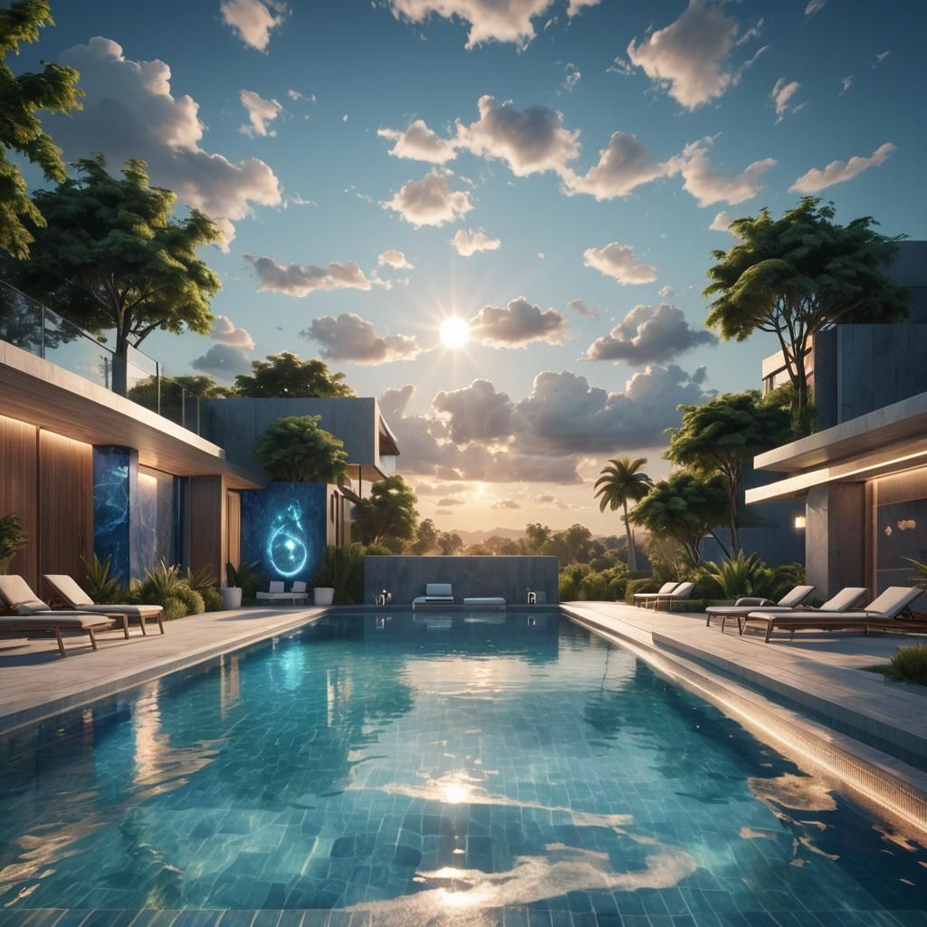 Modern Swimming Pool with LED Lights: Digital Matte Painting