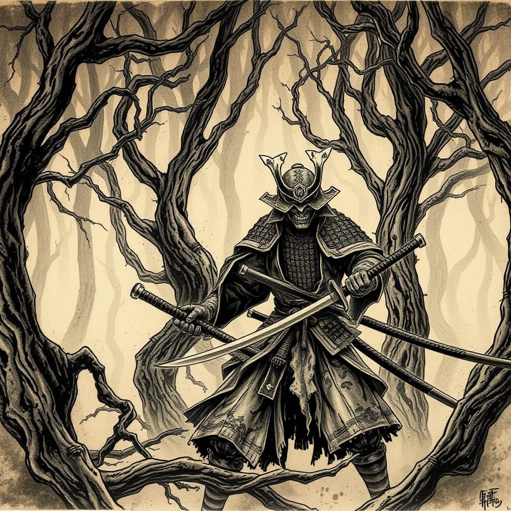 Ethereal Samurai in Forest, Hokusai Ink Drawing