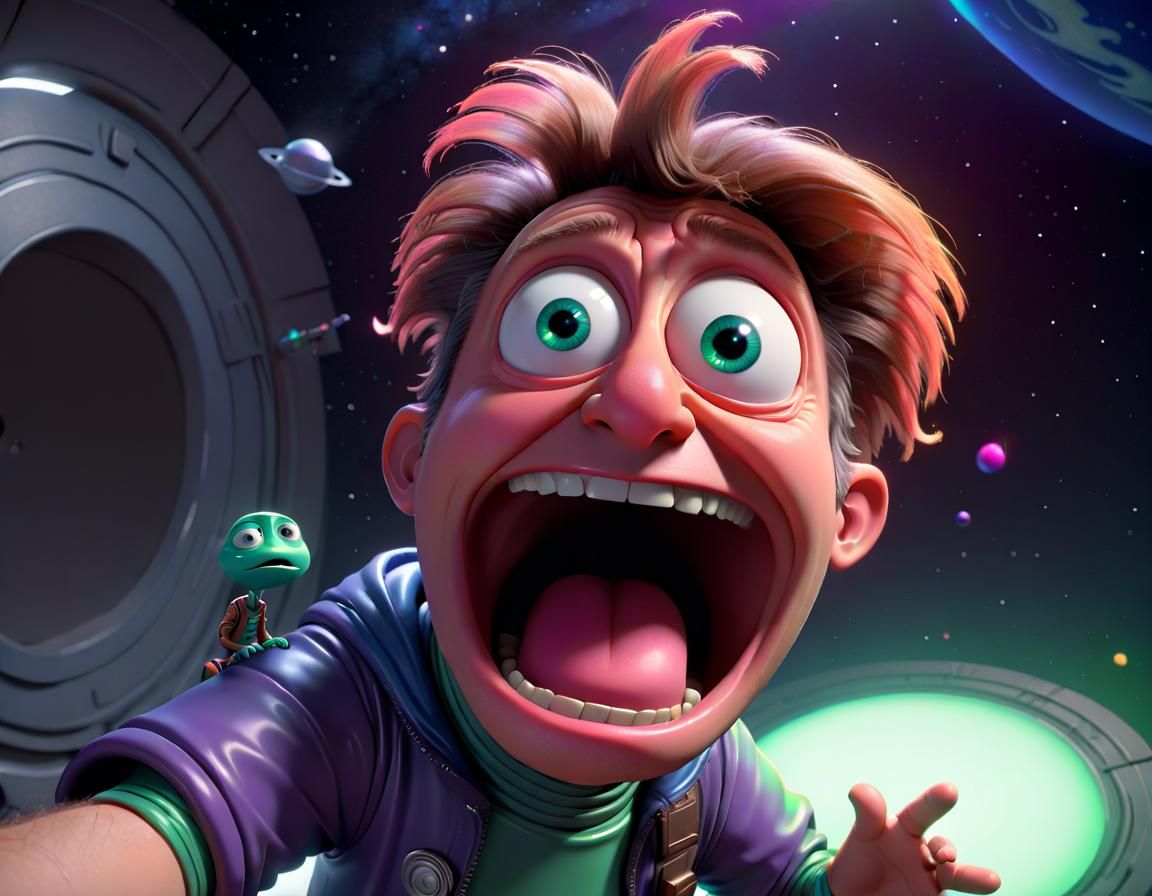 Optimistic 'Don't Panic' Scene in Pixar Style