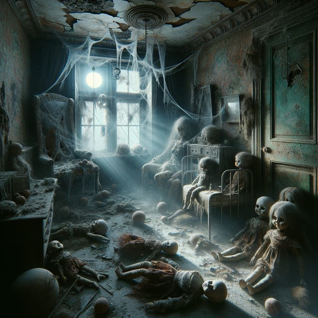 Haunting Abandoned Room with Glowing Dolls, Hyperrealistic S...