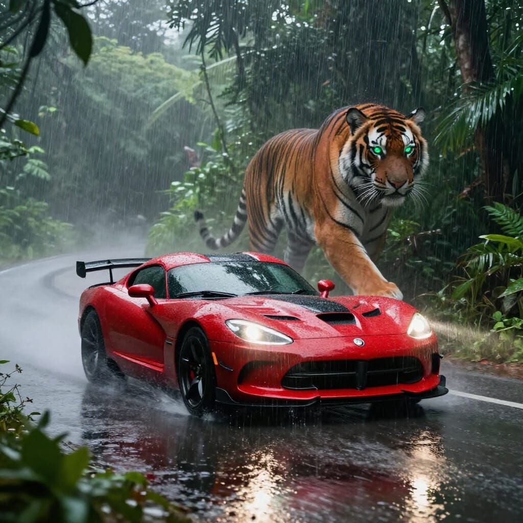 Dodge Viper on Flooded Jungle Road with Spectral Tiger