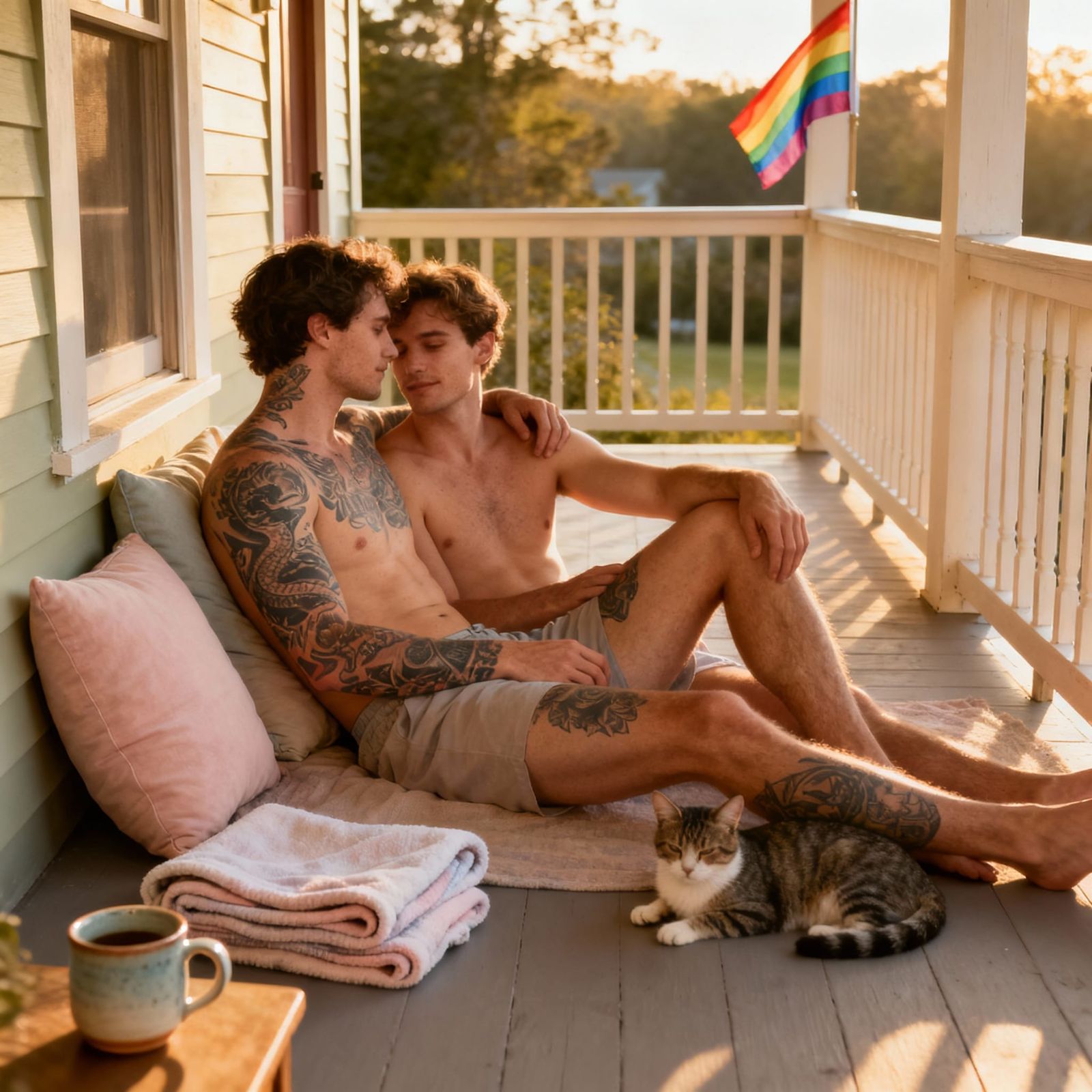 Shirtless Men Relaxing on Veranda in Golden Light