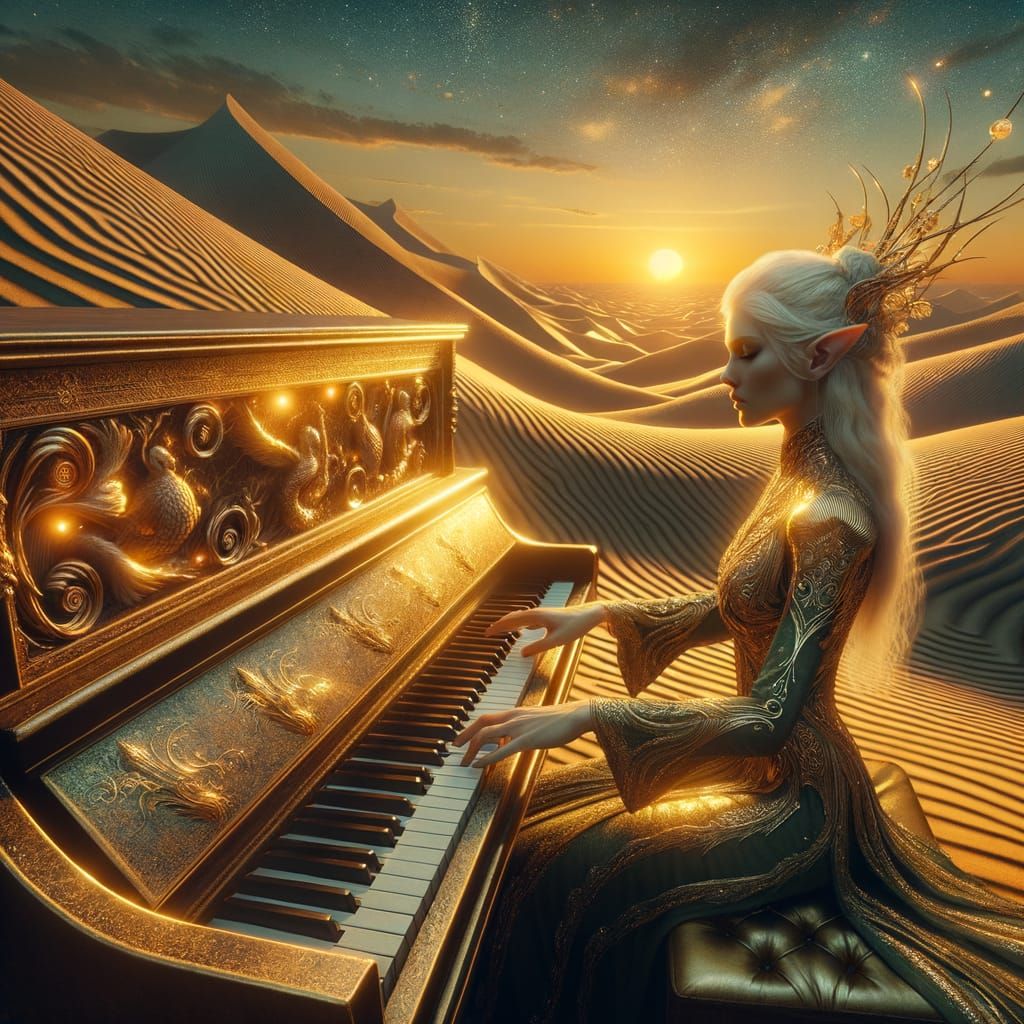 Elven Woman Plays Piano in Golden Sunset Dunes