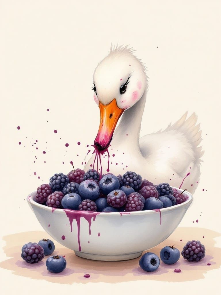 Delicate Watercolor of a Goose Enjoying a Messy Blackberry S...
