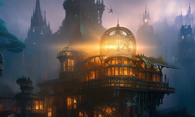 Crystal Bonsai Village with Steampunk Engine in Purple