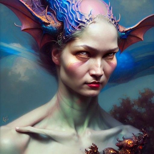 Dragon Woman 
Pino Daeni, Peter Mohrbacher, Beeple, atomically correct, accurate female face, Benoit Mandelbrot, Ross Tr...