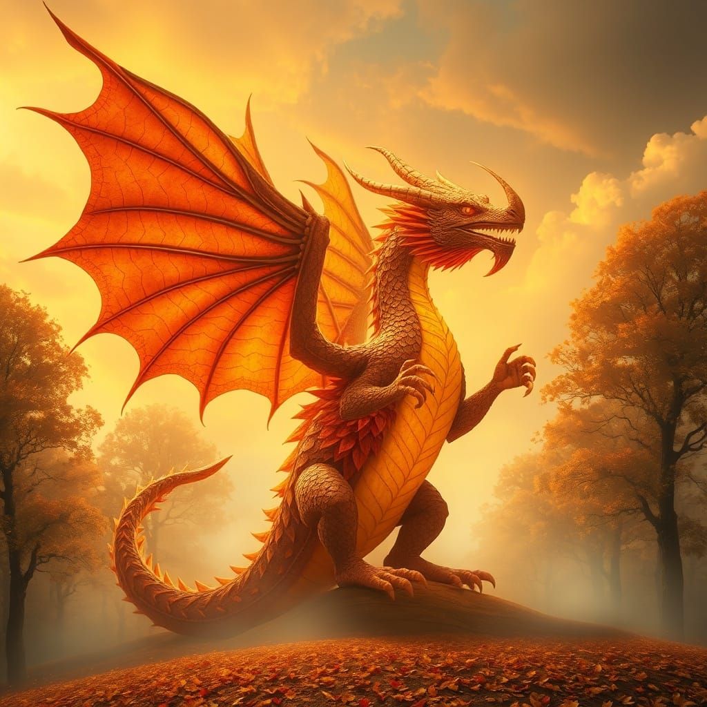 Majestic Leaf Dragon in Ethereal Autumn Landscape