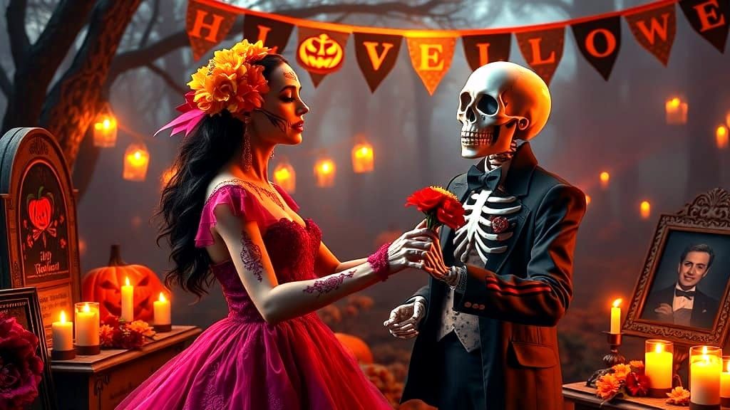 Dia de los Muertos Dancer With Fantastical Skeleton in Vibra...