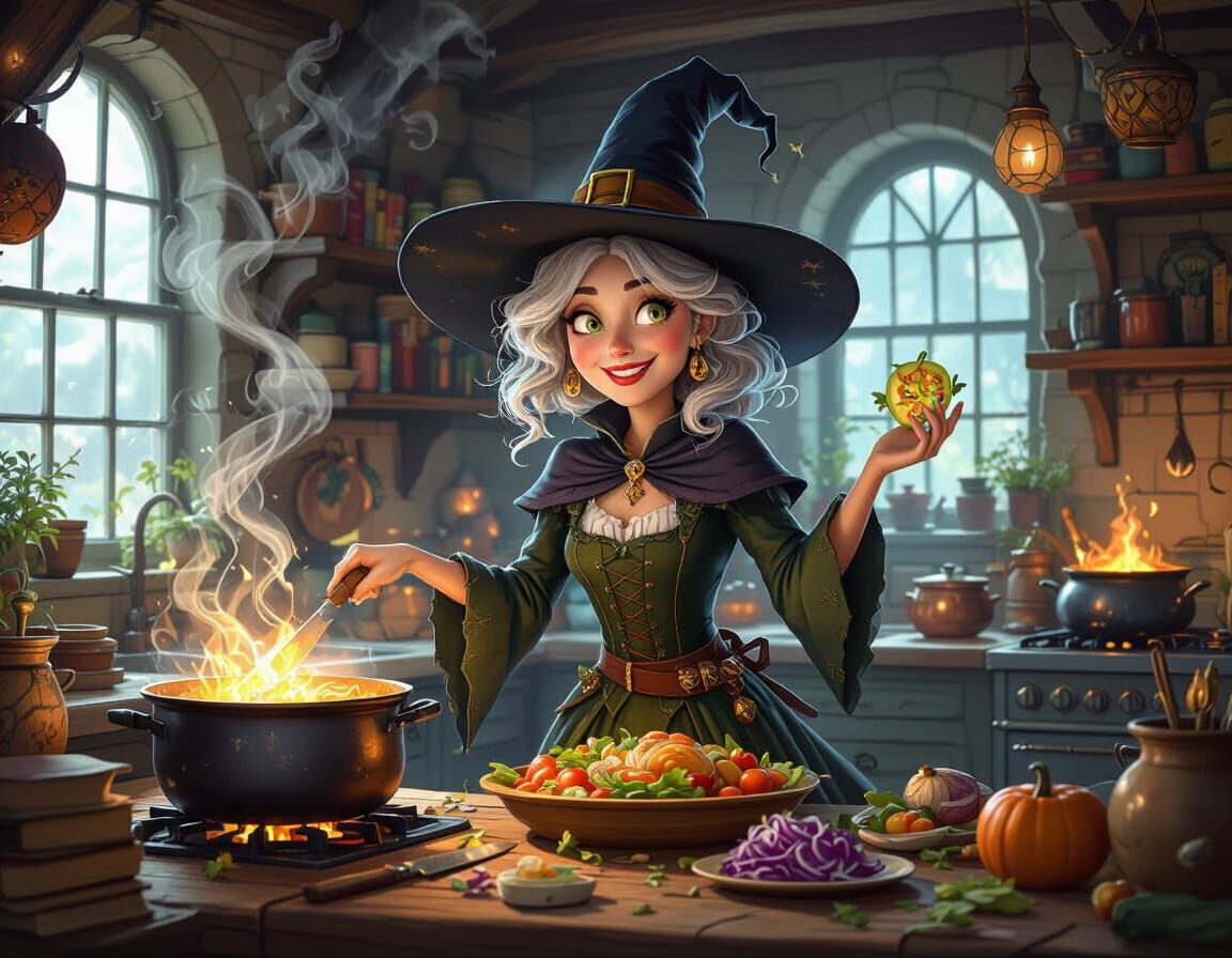 Whimsical Witch Conjures Magical Feast in Cozy Kitchen