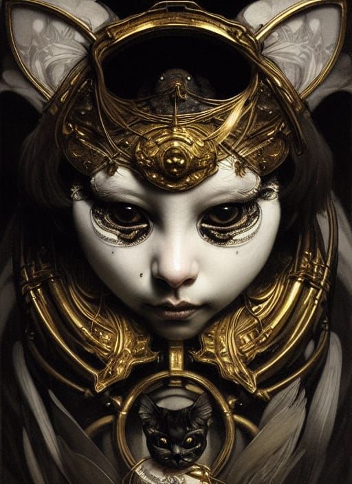 Creepy Cat in Tengu Mask: Alfons Mucha Style