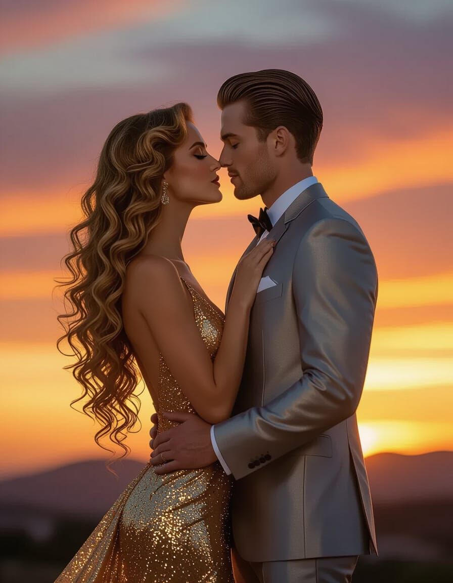 Romantic Sunset Kiss: Golden Dress Woman and Silver Suit Man