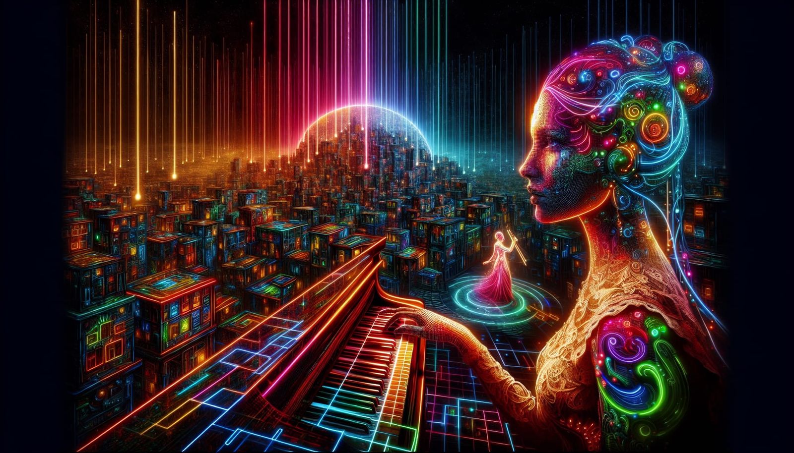 Neon Cybernetic Woman in Radioactive Rainbow Cityscape