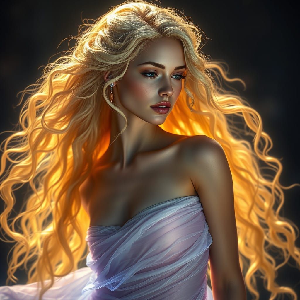Ethereal Blond Goddess, Hair as Gown, Soft Golden Light