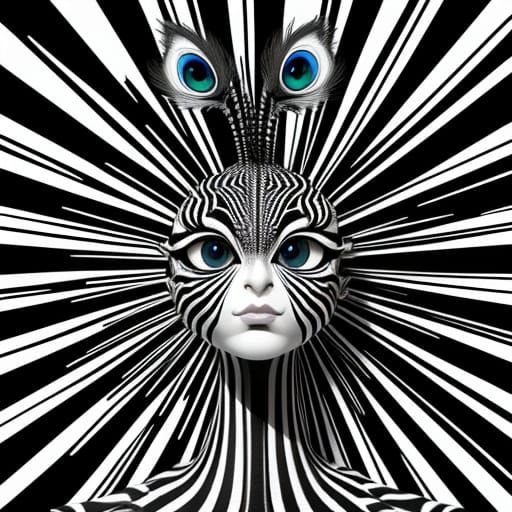 Monochrome Alien Zebra-Peacock Hybrid Portrait