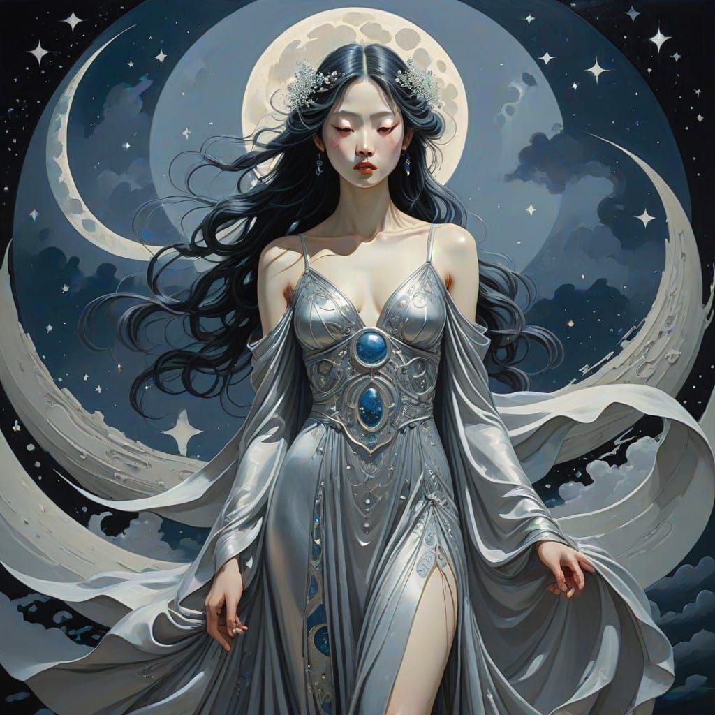 Serene Moon Goddess in Dark, Mystical Art