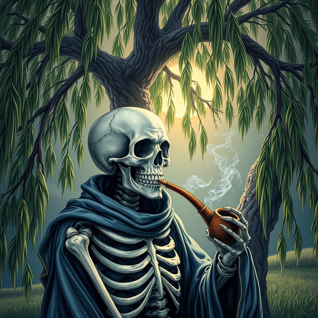 Medieval Skeleton Smoking Pipe, Cosmic Illustration