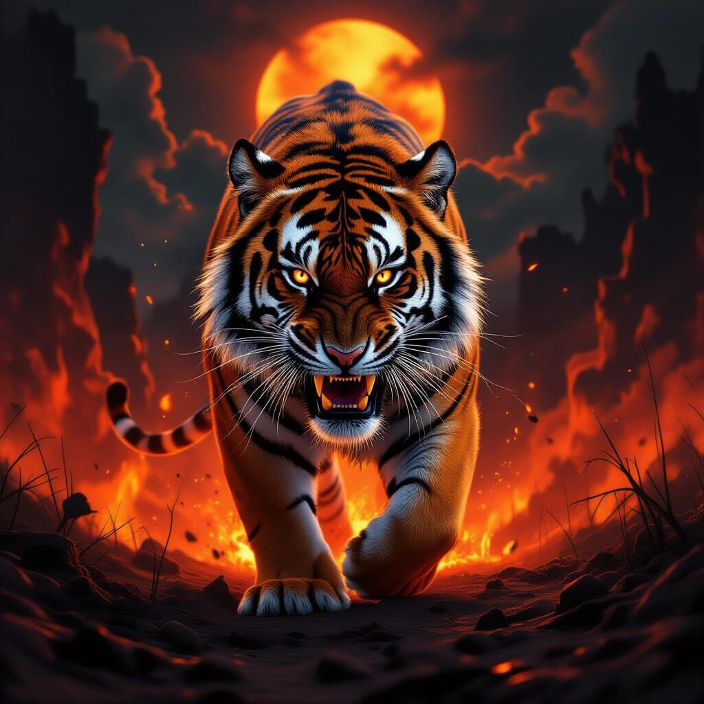 Ferocious Tiger Emerges from Hellish Landscape