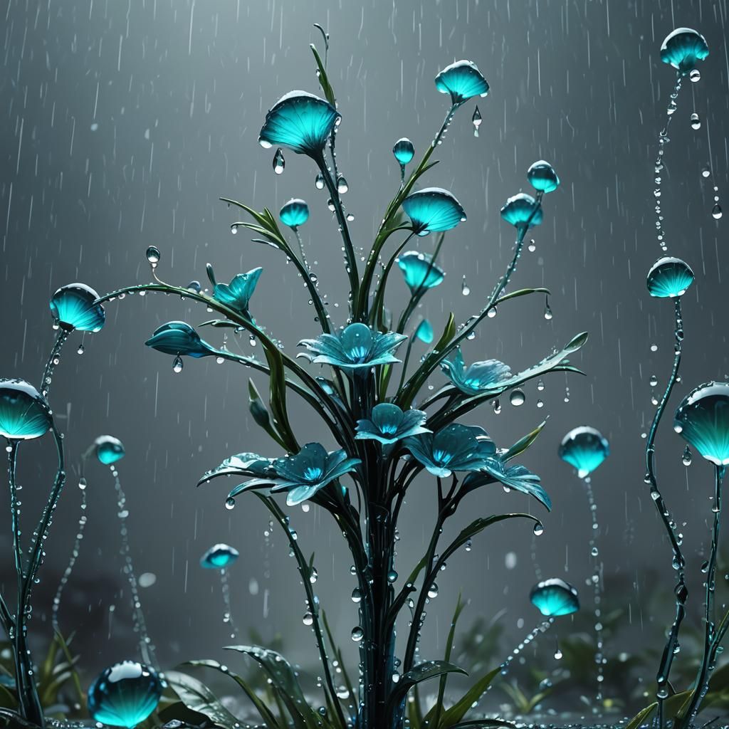 Futuristic Dewdrop Flower in Rainy, Neon Setting